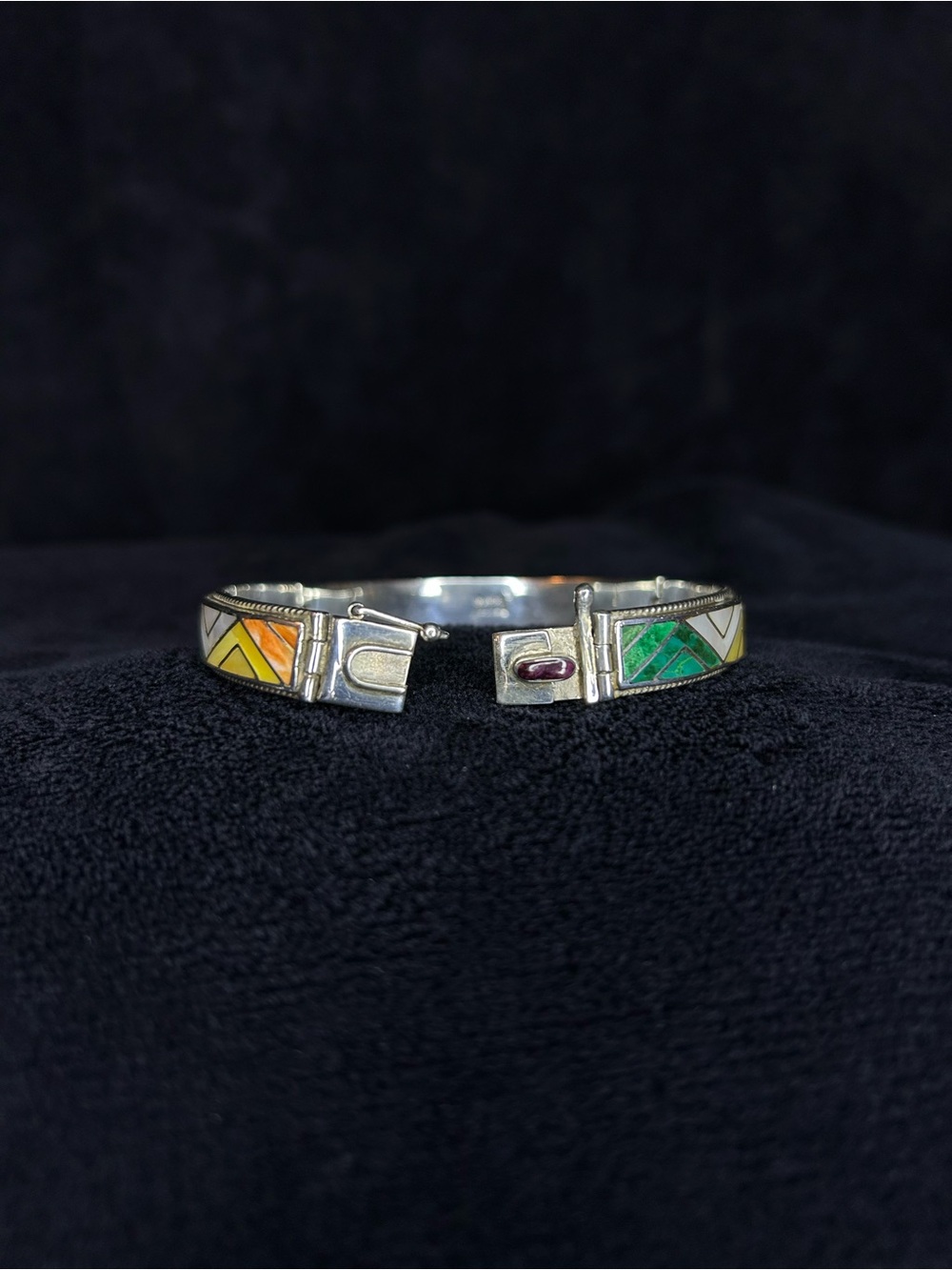 Sterling Silver Multi-Color Inlay Bangle Bracelet - Picture 5 of 8